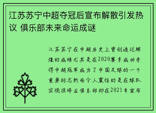 江苏苏宁中超夺冠后宣布解散引发热议 俱乐部未来命运成谜 江苏苏宁中超夺冠后宣布解散引发热议 俱乐部未来命运成谜